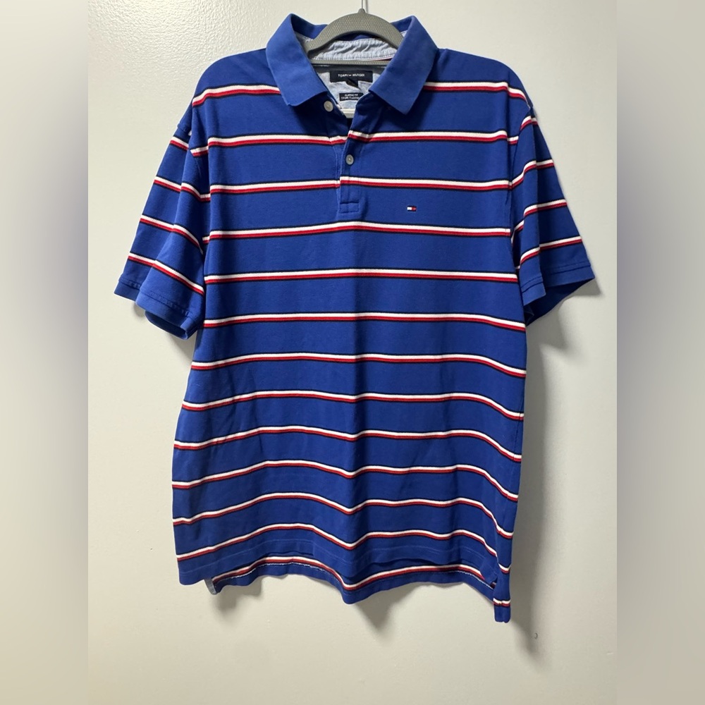 Tommy Hilfiger Men's Polo in Blue with Red Black and White Stripes Preppy XL